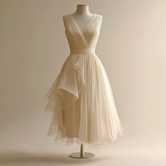 Elegant cream sleeveless v-neck dress on mannequin with flowing layered skirt