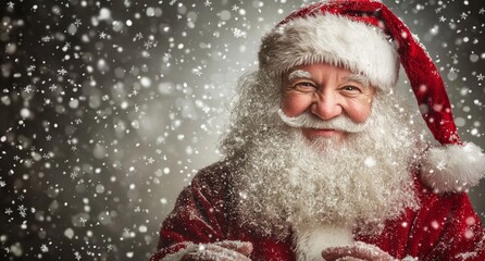Close-up of Santa Claus against a blurred gray background.
