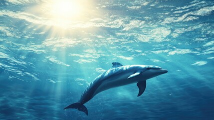 Naklejka premium Dolphin Swimming Underwater with Sunlight Rays in Deep Blue Ocean
