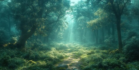 Misty Enchanted Forest Lush Green Wilderness Landscape