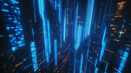 astarte.ai: Futuristic Cyber City – Digital Skyscrapers in Blue and Orange Light