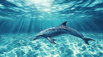 Obraz premium Dolphin Swimming Underwater with Sun Rays and Turquoise Water