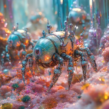 Futuristic robotic creatures exploring a vibrant alien landscape with glowing lights