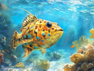 Colorful Speckled Grouper Swimming Underwater Near Reef Coral in Ocean