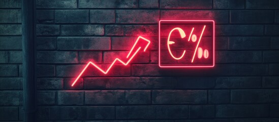 Obraz premium Rising Euro interest rates shown on a brick wall with neon lights