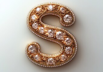 Luxurious Golden Letter S with Diamonds and Baroque Patterns Isolated on White Background 3D Illustration