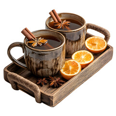 Rustic Wooden Tray with Mulled Cider and Tea Mugs Isolated on Transparent Background