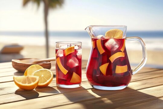 Jarra y vasos de sangr&iacute;a en un fondo veraniego de playa.