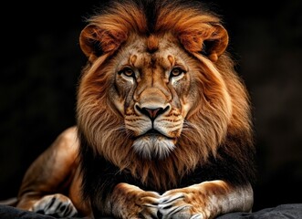 Fototapeta premium Regal lion sitting gracefully in low light.