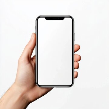 Mano sosteniendo un tel&eacute;fono m&oacute;vil inteligente con pantalla blanca.