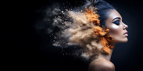 Naklejka premium Artistic portrait of a woman with colorful powder explosion, showcasing beauty and creativity