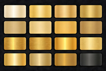 A collection of luxurious gold gradient swatches with a metallic finish, displayed in a rounded rectangular format on a dark background. The gradients vary from smooth transitions to more defined ligh
