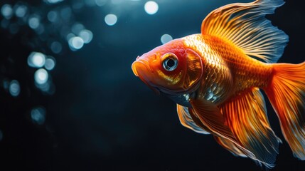 Fototapeta premium Elegant Goldfish Swimming in Dark Water with Bubbles and Soft Lighting
