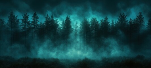 Fototapeta premium eerie foggy forest at dusk with dark silhouettes and blue lighting for halloween background