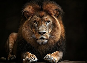 Captivating image of a lion against a dark backdrop.