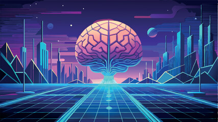 Fototapeta premium Colorful digital brain with futuristic city skyline at night highlighting technology and innovation