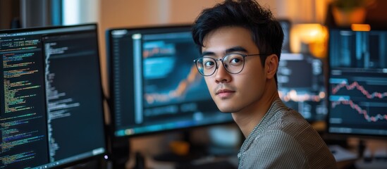 Coder looking at camera, charts on screens