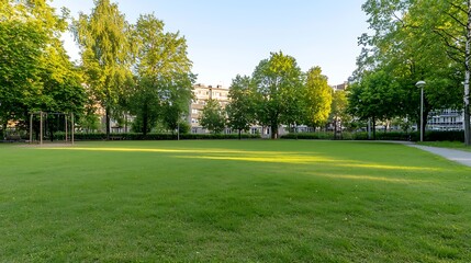 Green Urban Park with Trees and Soft Grass Under a Clear Blue Sky in Daylight