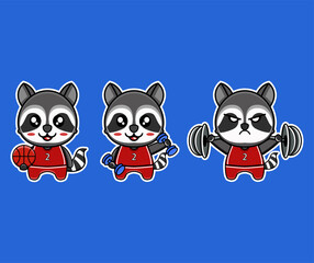 Cute cartoon raccoon sports character set. Vector bundle includes raccoon playing basketball, training with dumbbells, and weightlifting with barbell