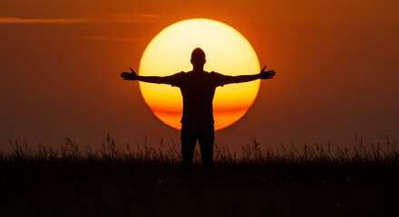 Silhouette of Man with Arms Outstretched Against Dramatic Golden Sunset Sky in Open Grassy Field