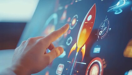 A person interacting with a futuristic touchscreen displaying rocket graphics and data