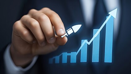 Business professional illustrating growth trends with a digital graph in a corporate setting