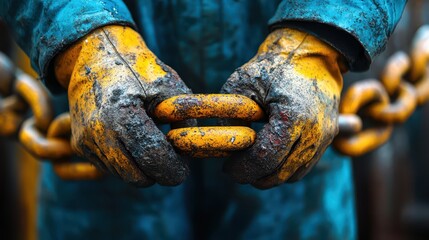Rusty chains held by a worker in protective gloves
