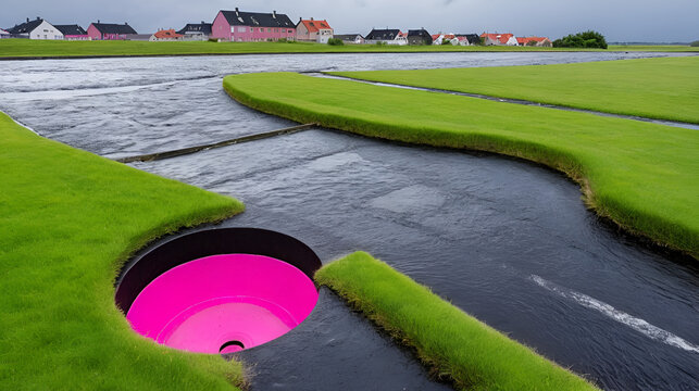 Pink drain against the storm Urd in Frederikssund, Denmark