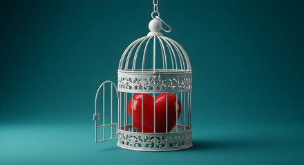 Red Heart Inside of Ornate White Birdcage with Door Open on Teal Background