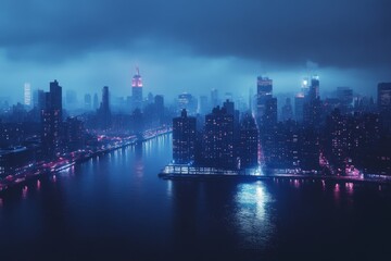 Fototapeta premium Night city skyline with illuminated skyscrapers reflecting in the river