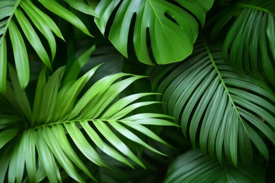 Green tropical palm leaves overlapping each other