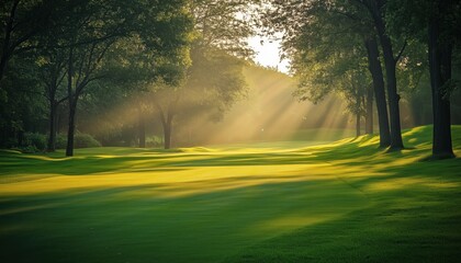 Obraz premium Strolling On The Wide Grass Path Of A Golf Course With Swinging Clubs, Enjoying The Scenic Views And Sunny Weather.