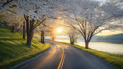 Fototapeta premium A scenic road lined with blooming cherry blossom trees, leading to the lake in springtime, with sunlight filtering through the petals, creating a beautiful and serene landscape