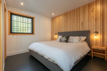 A modern bedroom interior featuring wooden paneling and a bed
