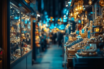 Obraz premium Evening view of a vibrant street market with colorful lights and shops
