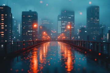 Obraz premium Night cityscape with bright lights reflecting on a wet street after rain