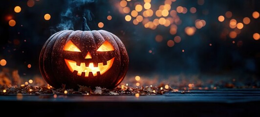 Spooky Halloween Pumpkin Lantern with Evil Eyes and Glowing Face on Wooden Table with Dark Blue Background