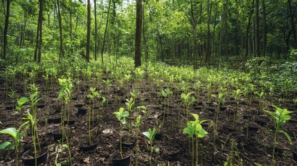 Fototapeta premium Lush Green Forest with Young Saplings Planted in Black Pots