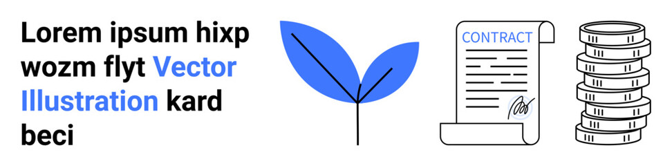Blue leaf, signed contract paper, and stacked coins represent eco-friendly business, legal agreements, and financial growth. Ideal for sustainability, business funding, investments, contracts