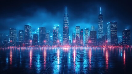 Futuristic Cyberpunk Cityscape at Night with Illuminated Skyscrapers and Neon Lights in Urban Plaza