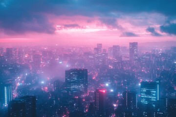 Fototapeta premium Colorful futuristic cityscape at sunset with vibrant pink and blue tones and tall buildings in fog
