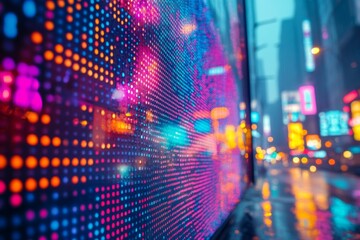 Colorful digital data screen with glowing pixels in pink blue and purple futuristic lights