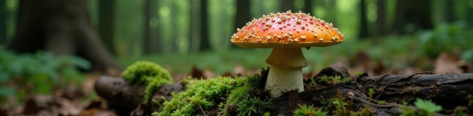 Fototapeta premium Amanita citrina fruiting body on forest floor, fungus, dead tree, decayed wood