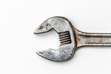 Close-up view of a worn adjustable wrench on a white background showcasing its texture and details