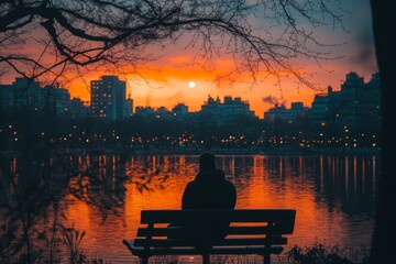 Silhouette of person kayaking on calm lake during sunset with city in background