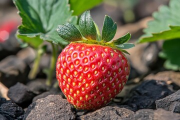Fresh red strawberry on soil with green leaves in background