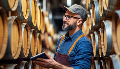 Adult Man Winemaker Inspects Quality Among Barrels In Winery Cellar, Overseeing Wine Making Process - Authentic People Encompassing Traditional And Industrial Wine Production.