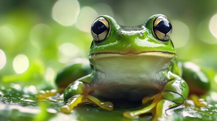 Green Tree Frog Portrait on Leaf with Bokeh Background Close Up