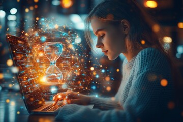 Young female scientist analyzing data on digital screen in dark laboratory