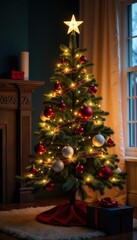 Christmas tree decorated with ornaments and fairy lights, snowflake, garland, winter